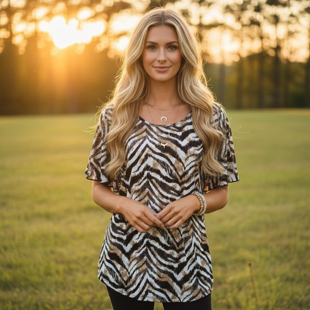 Jaclyn Smith M Top Black Tan Animal Print Flutter Glam Boho Classic 80s Eclectic